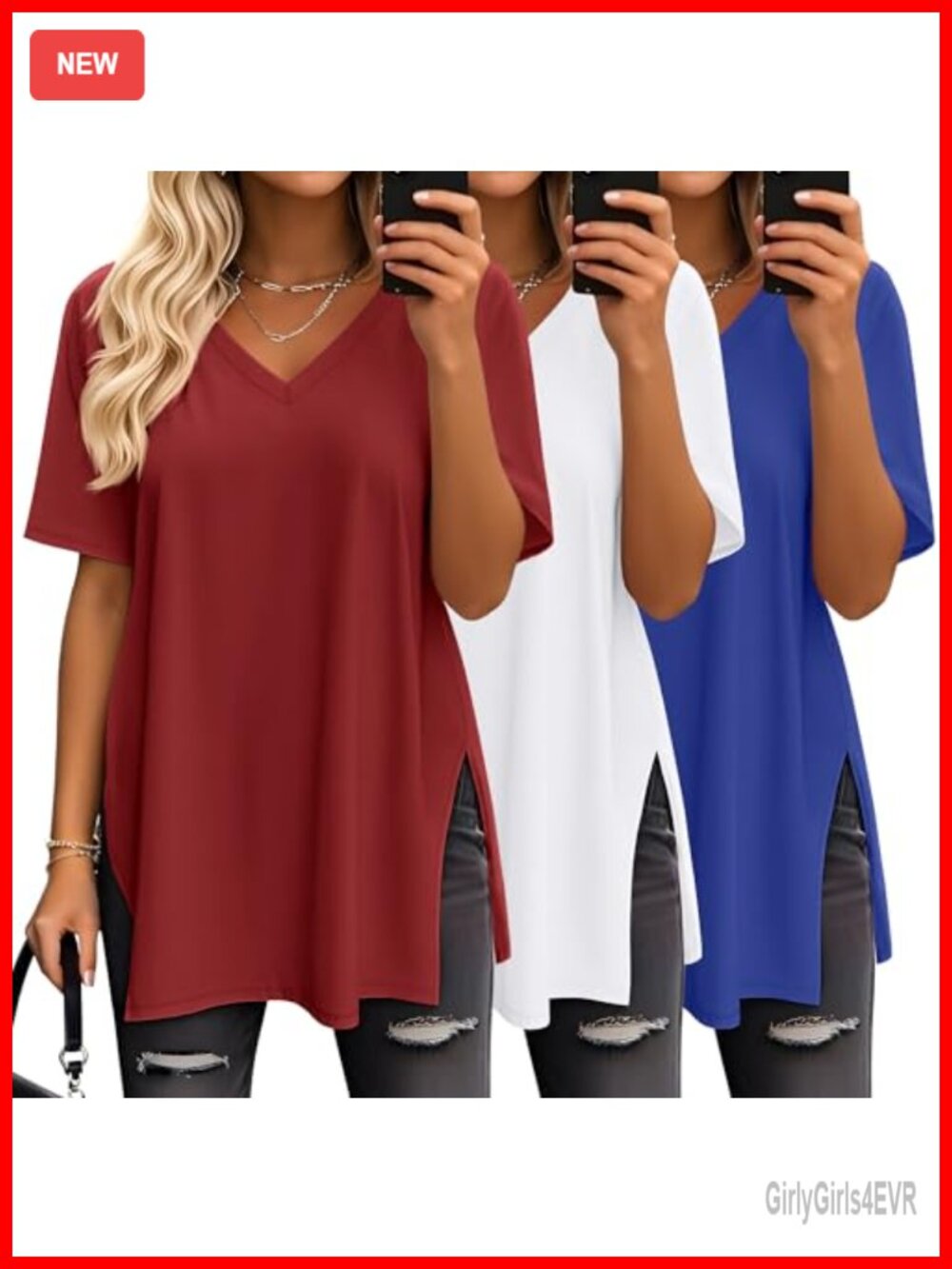 Oversized V-Neck T-Shirts 3 Pack Soft Stretch Side Slit Tees